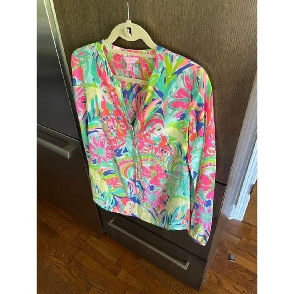 New Lilly Pulitzer‎ Elsa Silk Blouse Top Turquoise, Pink, Yellow Multi Size XS